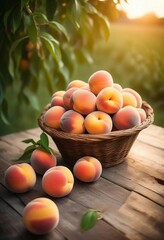 organic peaches in freshly picked basket on old wooden table, organic agriculture advertisement, copy space for text
