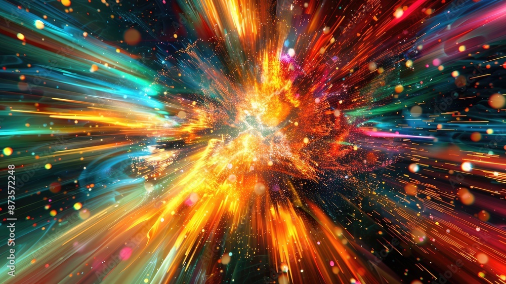 Poster abstract explosion of colorful particles and light trails in space. digital abstract image of vibran