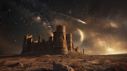 A castle built on Mars, a shooting star, and a crescent moon.
