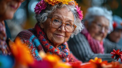 A creative blank illustrating LGBTQ+ elders engaging in a crafting session, with colorful materials and finished projects