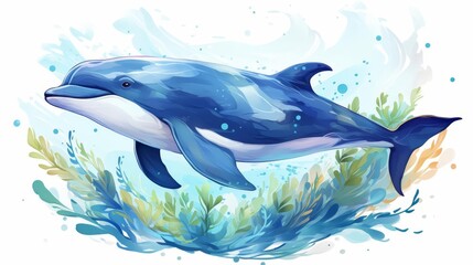 Naklejka premium Whale breaching dramatically flat design top view ocean waves cartoon drawing colored pastel