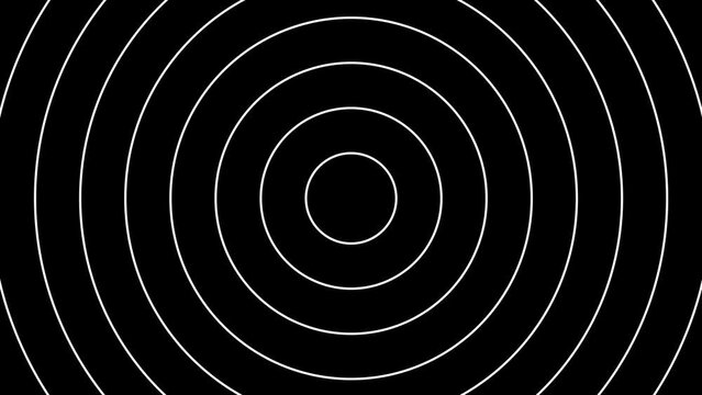 Looping circles like a kaleidoscope. White outlined circles on black background. Infinitely repeating and expanding a mesmerizing visual with concentric rings. 4K Motion Graphics.