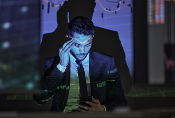 Businessman, headache and anxiety in office with worry, stress or unemployment for job loss. Stock...