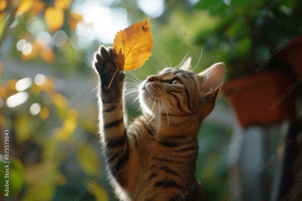 Wall mural domestic cat reaches for a falling yellow leaf amidst warm autumn sunlight