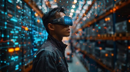 Man in Virtual Reality Headset in a Futuristic Data Center - Generative AI
