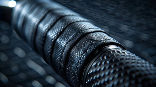 The leather grip of a sleek tennis racket featuring a luxurious textured pattern for optimal grip and comfort.