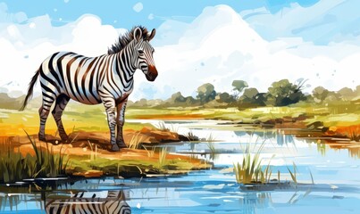Zebra standing in a herd flat design side view watering hole water color Splitcomplementary color scheme