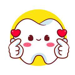 Cute Tooth Love Finger Sign Cartoon Vector Character. Education Human Organ Dental Care Concept Design. Kawaii Object Illustration. Isolated White Background