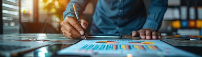 Close-up view of a person analyzing financial charts and data in an office setting, showcasing business strategy and finance management.