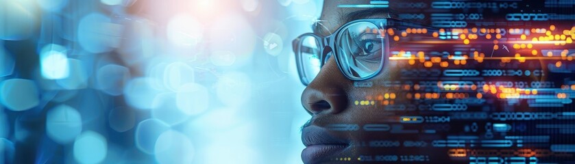 Close-up of a person with glasses, reflecting data and technology, representing a futuristic convergence of human and digital worlds.