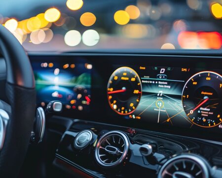 Automotive industry  car cluster screen shows over the air firmware update in a vehicle