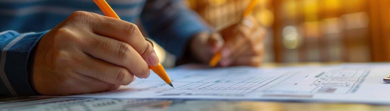 Close-up of hands holding a pencil, writing on paper with diagrams. Ideal for education, studying, planning, or office work concepts.