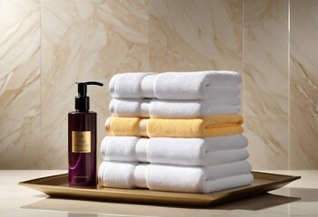 Luxury hotel towels and shampoos, advertisement shot
