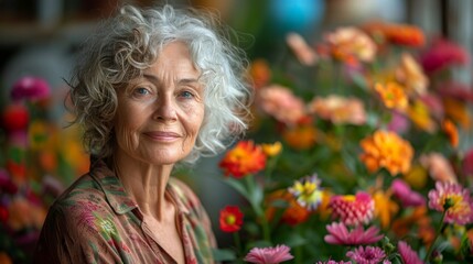 Elderly Woman in Garden with Flowers - Generative AI