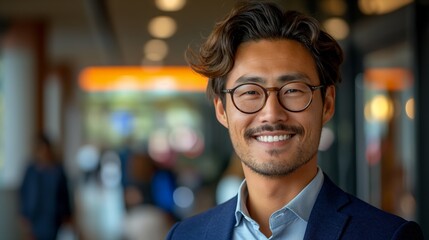Fototapeta premium smile young Asian businessman , smart and confident look with office bokeh light