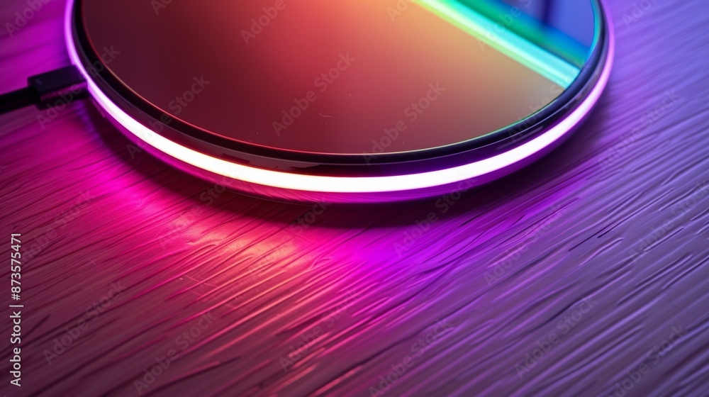 Poster a topdown view of a wireless charging pad highlighting its led lights that change color depending on