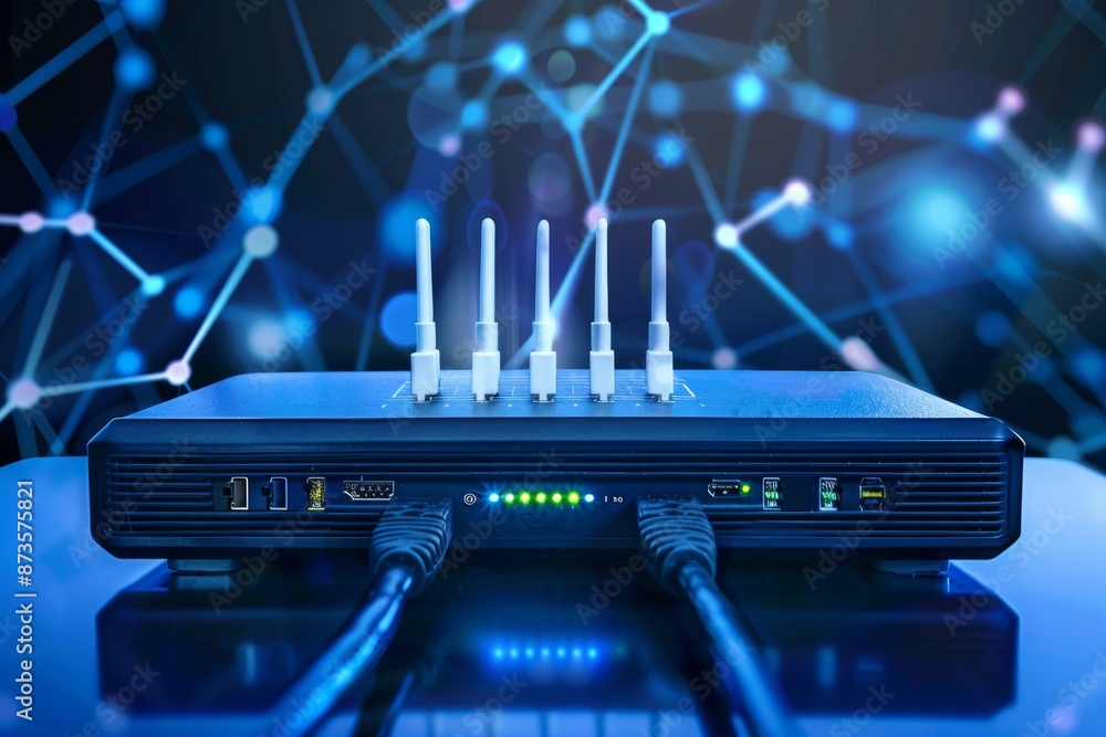 Poster ethernet cable connected to wireless router for internet service provider network access