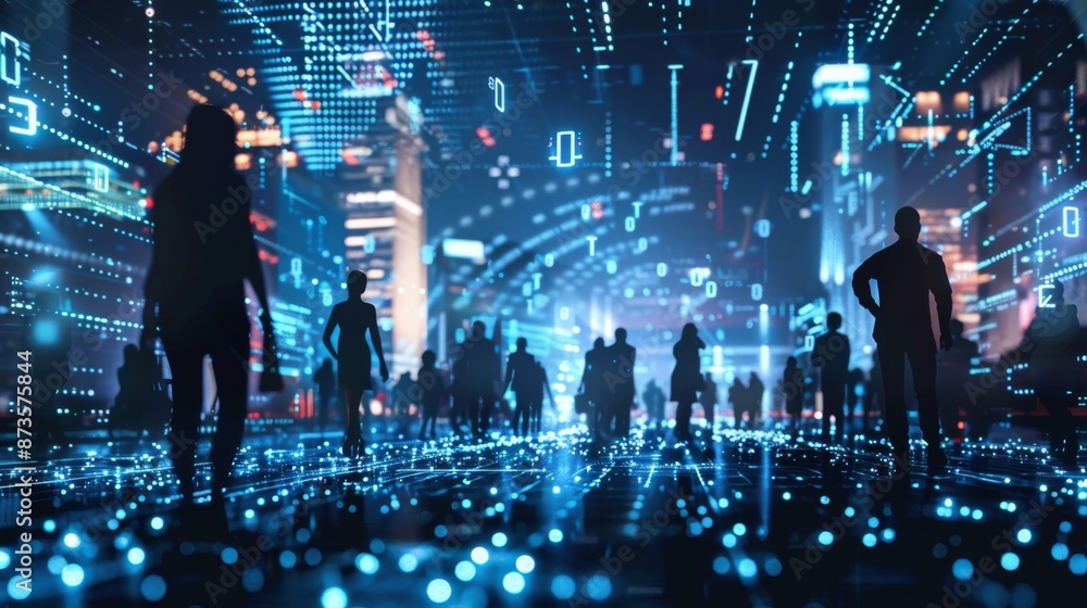 Aufkleber crowd walking in modern city with digital data flowing around them