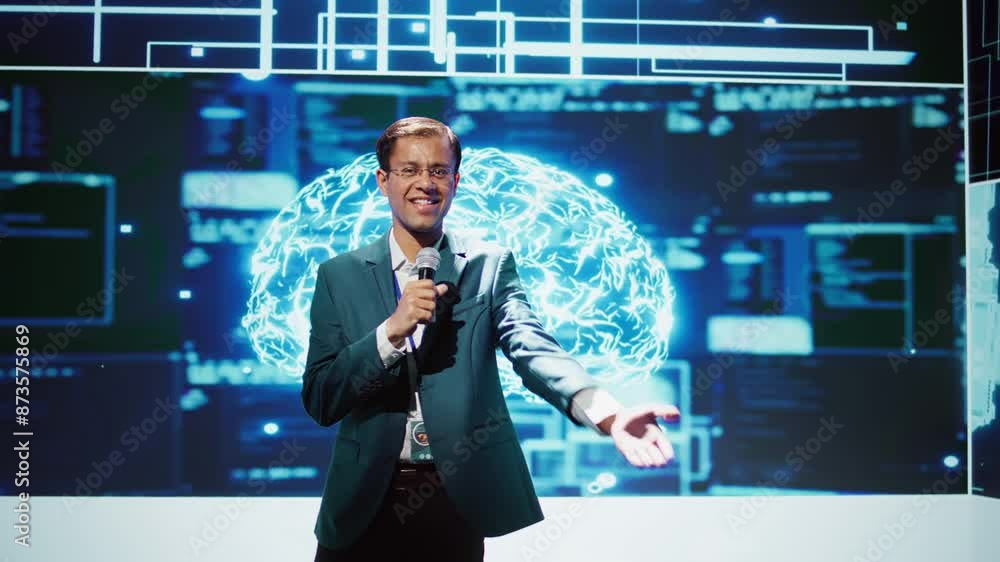 Poster upbeat presenter inviting engineer on stage during global it conference to talk about subjects such 