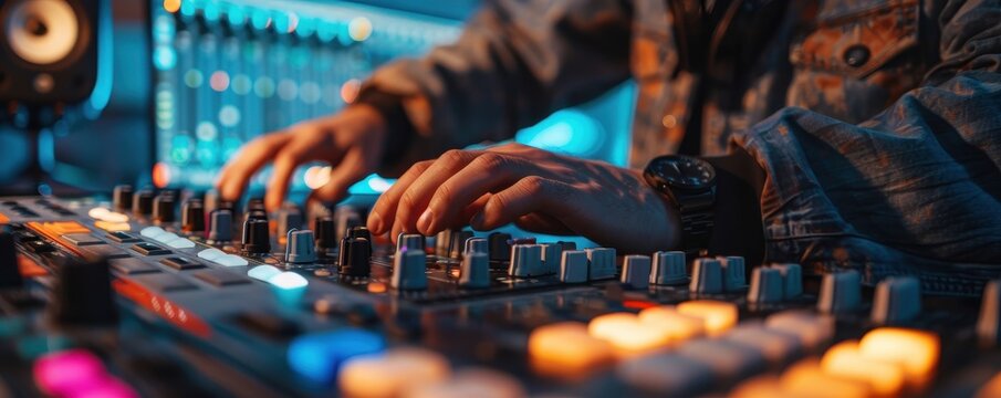 Close-up of hands mixing music on a soundboard in a studio with colorful lights. Professional audio production and sound engineering in action.