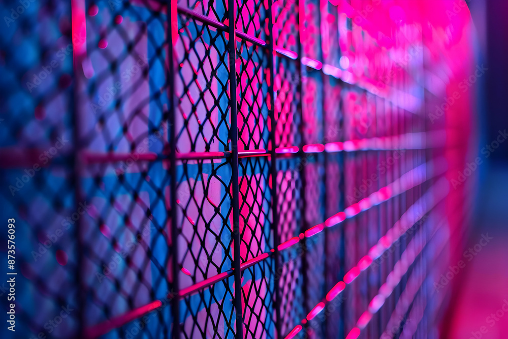 Poster a close-up view of a metal fence illuminated by vibrant pink and purple lighting, creating a futuris