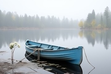 Lonely small white fishing boat on serene blue lake, creating a peaceful and picturesque scene