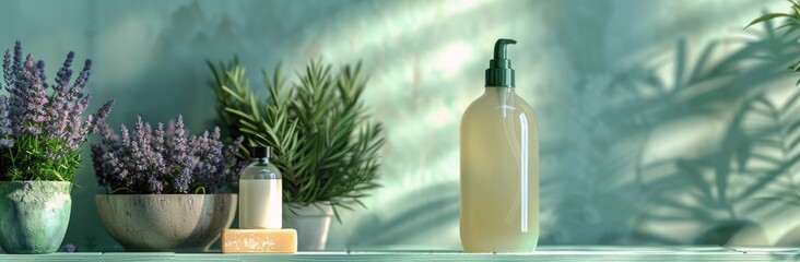 Lavender Plants, Soap, and Green Foliage on a Teal Shelf: A Teal Shelf With Three Potted Plants