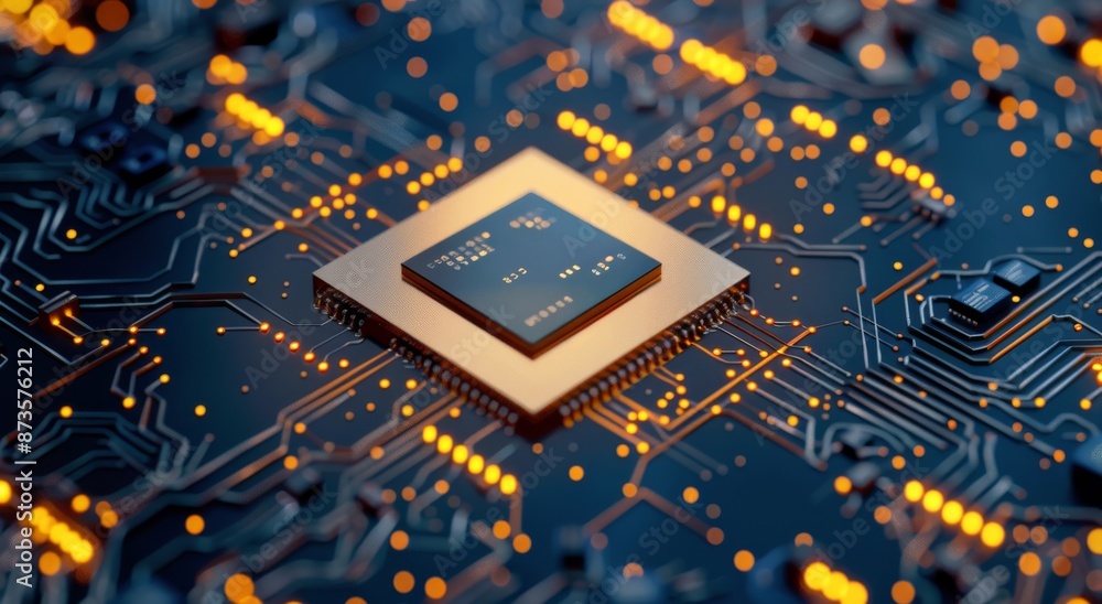 Aufkleber close up of a microchip on a circuit board with glowing lights