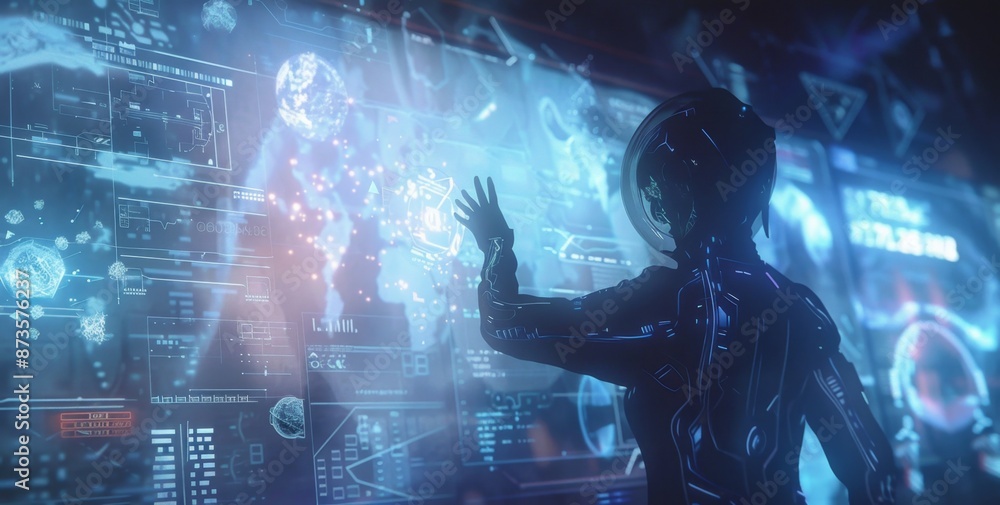 Poster scientist interacting with futuristic interface analyzing data from space exploration mission