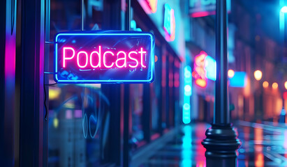 A vibrant neon podcast sign glows in the night, highlighting a bustling city street illuminated with colorful lights.