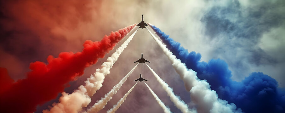 A stunning aerial display by fighter jets leaving red, white, and blue smoke trails against a cloudy sky, showcasing precision and patriotism.