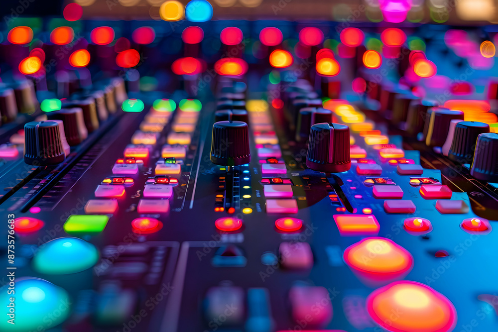 Poster close-up view of a colorful sound mixing console with various buttons and sliders illuminated by led