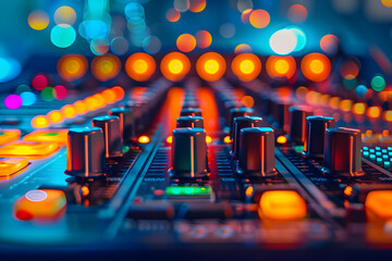Colorful close-up of a professional audio mixing console with glowing buttons and knobs in a recording studio.