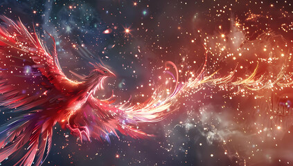 Digital art of a majestic phoenix rising through a galaxy, surrounded by vibrant colors and sparkling stars. Fantasy and mythical creature artwork.