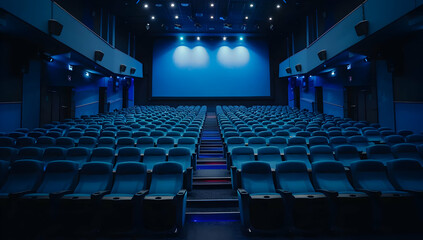 Empty movie theater with rows of blue seats and a large screen lit up, creating a serene atmosphere perfect for the viewing experience.
