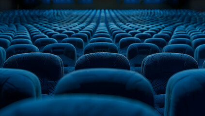 Fototapeta premium Empty theater with rows of blue seats, ready for an audience. Perfect for events, cinema screenings, conferences, or presentations.