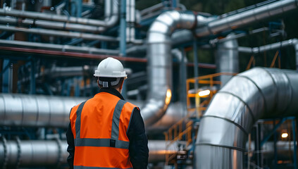 Engineer in a safety vest and helmet inspects complex industrial piping at a power plant, highlighting safety and engineering practices.