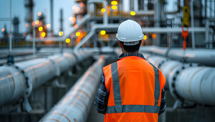 Engineer in safety gear inspecting industrial plant with complex network of pipes and machinery, ensuring operational safety and efficiency.
