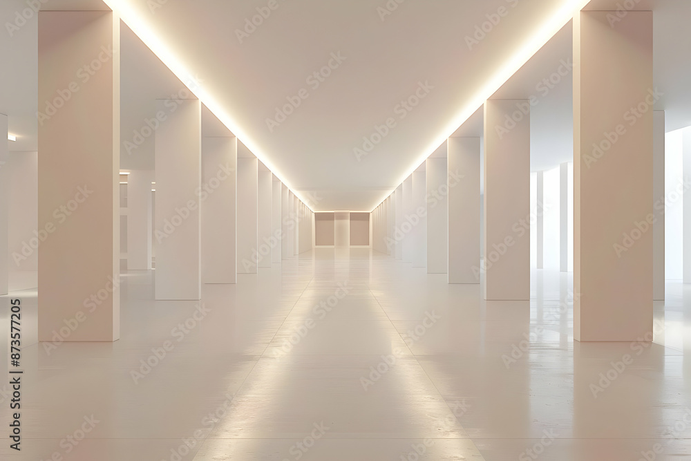 Poster modern minimalist empty hallway with columns, soft lighting, and reflective floor, creating a serene
