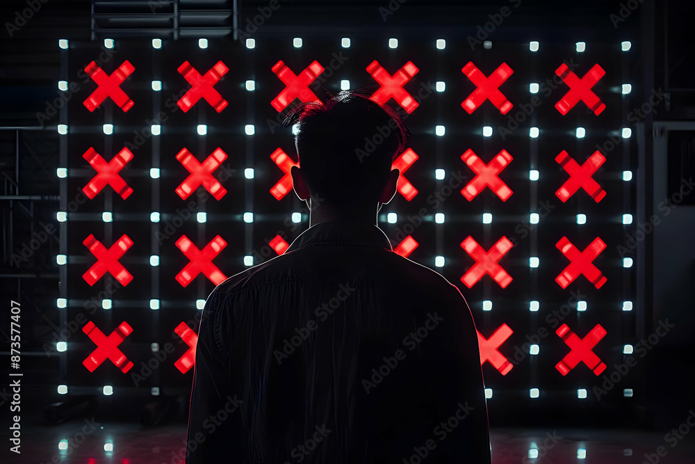 Poster silhouette of a person standing in front of a wall of red x-patterned lights, creating a futuristic 