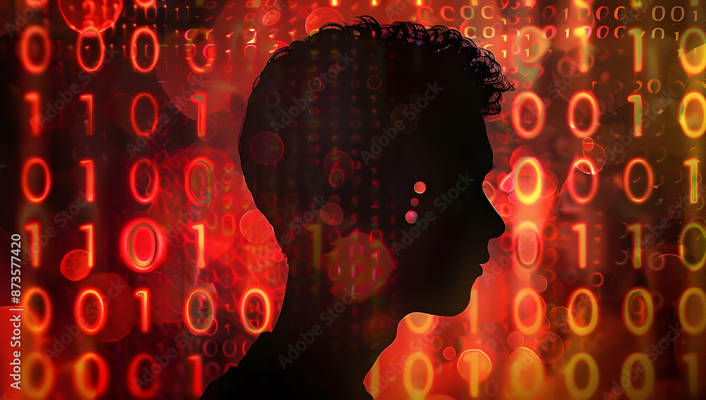 Poster silhouette of a person with futuristic digital binary code overlay, concept of technology and cybers