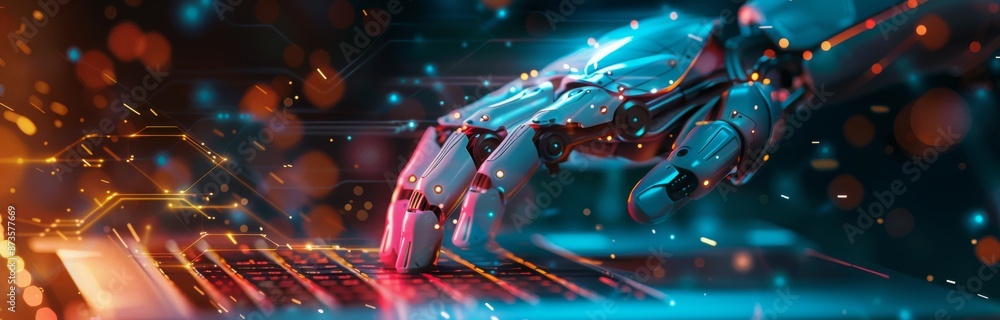 Aufkleber robotic hand typing on laptop keyboard in a futuristic setting