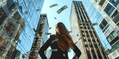 Fototapeta premium Young businesswoman in city surrounded by falling money, symbolizing financial success and corporate achievement in urban skyscraper setting.