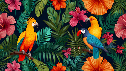 Obraz premium vibrant summer pattern illustration featuring tropical elements such as palm leaves, hibiscus flowers, pineapples, and exotic birds