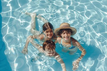 Mother and two kids enjoy summer vacation by the pool, creating cherished family memories