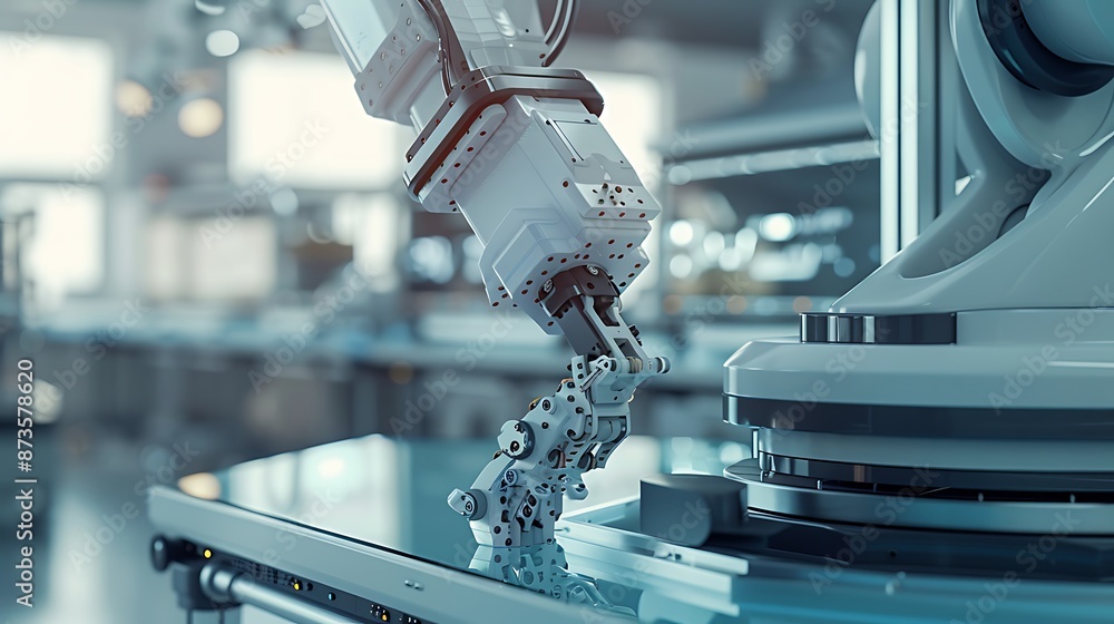 Poster industrial robot arm in a factory setting