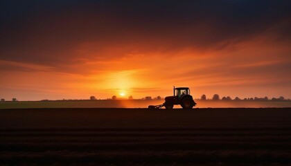 Fototapeta premium silhouette of farmer on tractor fixed with harrow plowing agriculture field soil at sunset 
