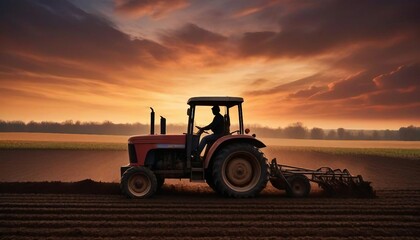 Fototapeta premium silhouette of farmer on tractor fixed with harrow plowing agriculture field soil at sunset 
