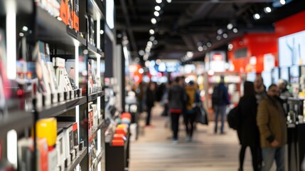 A bustling tech marketplace where people shop for the latest gadgets from wearable devices to virtual reality headsets in a setting that blends futuristic design with vibrant cultural elements