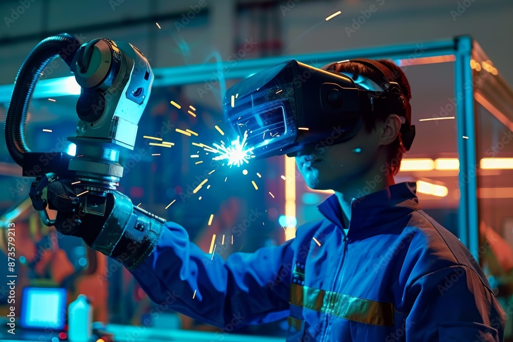 Poster engineer utilizing vr glasses to operate robotic welding arm on factory assembly line